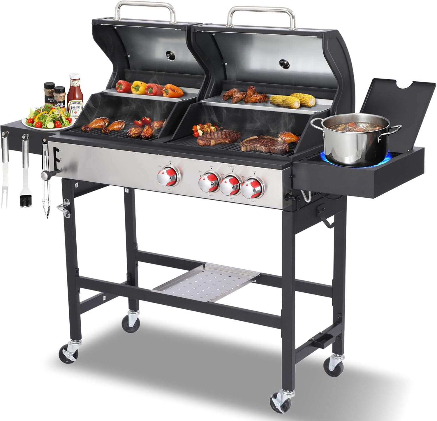 3 in 1 Propane Gas Griddle Charcoal Grill Combo with Dual Lids & Side burner| Outdoor BBQ Grill for Patio, Backyard, Camping