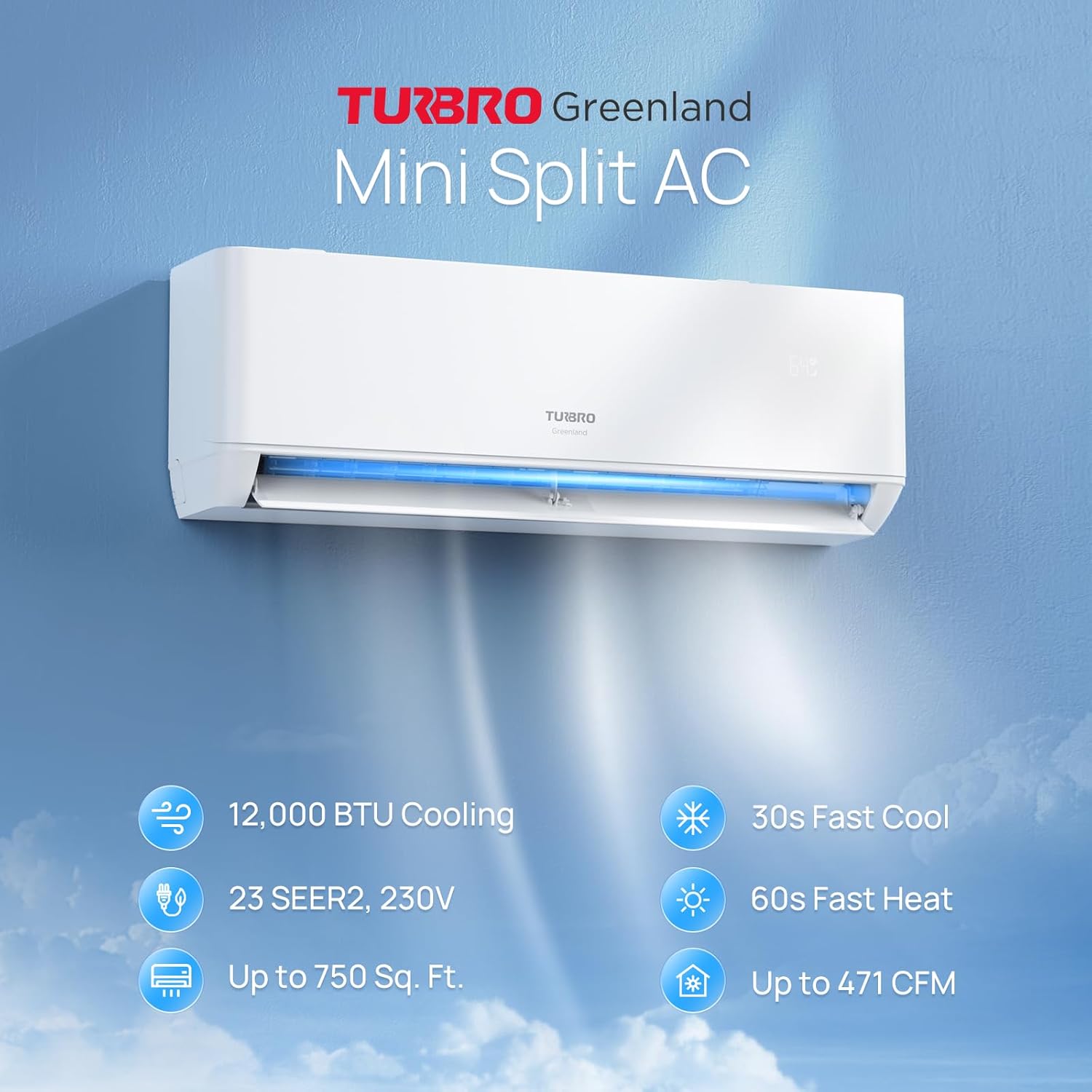 TURBRO 12,000 BTU Ductless Mini Split Inverter AC with Heat Pump, 24 SEER2, 230V, WiFi-Enabled, Cools up to 750 Sq.Ft, Energy Star, Greenland Series