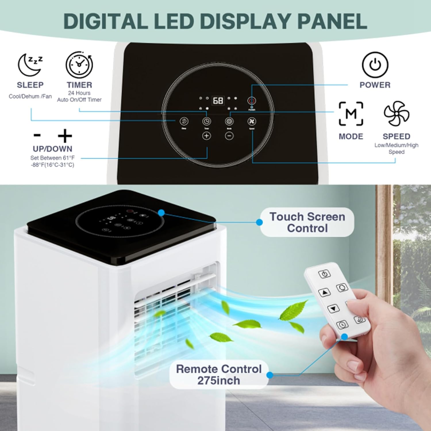 10,000 BTUs Portable Air Conditioner, Cools up to 450 Sq. Ft. with Remote Control, 3-in-1 Standing AC Unit, Cooling, Dehumidifying, Fan Mode, LED Display for Bedroom, Living Room