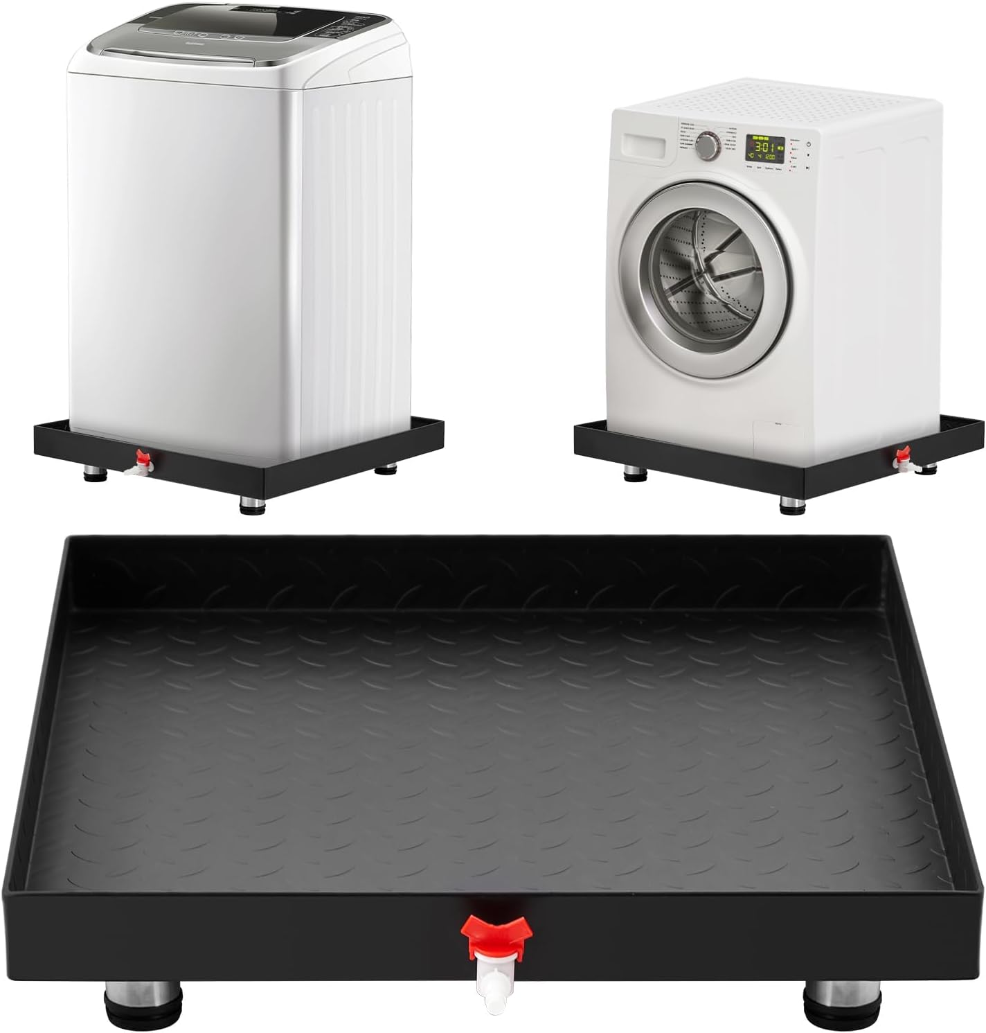 32 in x 30 in Carbon Steel Washing Machine Pan with Connector & Hole - Rust-Free Water Damage Protection with 4 Anti-Vibration Feet, Easy Install