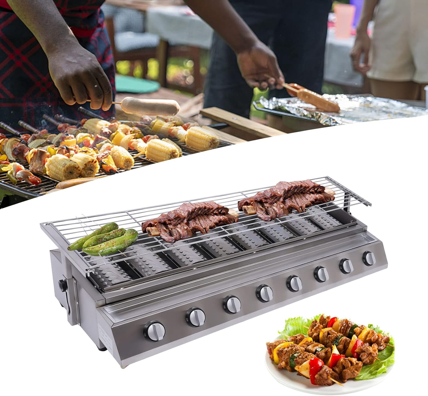 Commercial Gas Grill Stainless Steel Charcoal Grills 8 Burner BBQ Propane Gas Grill Portable Tabletop Barbecue Grill for Outdoor Cooking and Patio Backyard, 40.94 * 15.7 * 7.9in