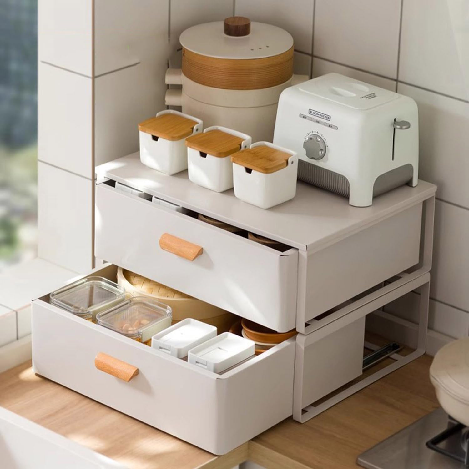 Steel Microwave Stand with Pull-Out Drawers, Countertop Organizer for Compact Microwaves, Coffee Station & Kitchen Appliance Storage, White (15.8in)