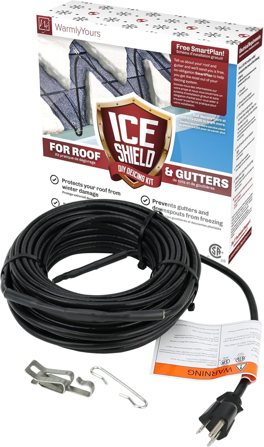 WarmlyYours Roof Snow De-Icing Heat Cable 80 ft., 5 Watts/ft. Heat Tape for Roof and Gutters, Ice Dam and Snow Damage Prevention System with Clips and Spacers (Ice Shield)