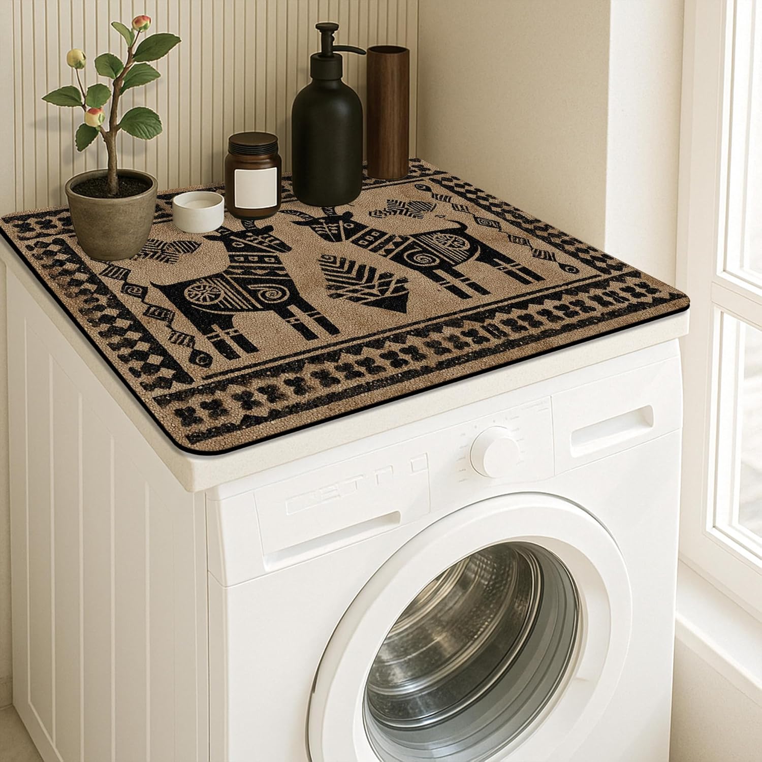 Abstract Goat Washer Dryer Top Protector Mat, Tribal Modern Black and Beige Laundry Machine Covers, Rustic Rubber Anti-slip Waterproof Washer And Dryer Mats for Home 24x24 Inch