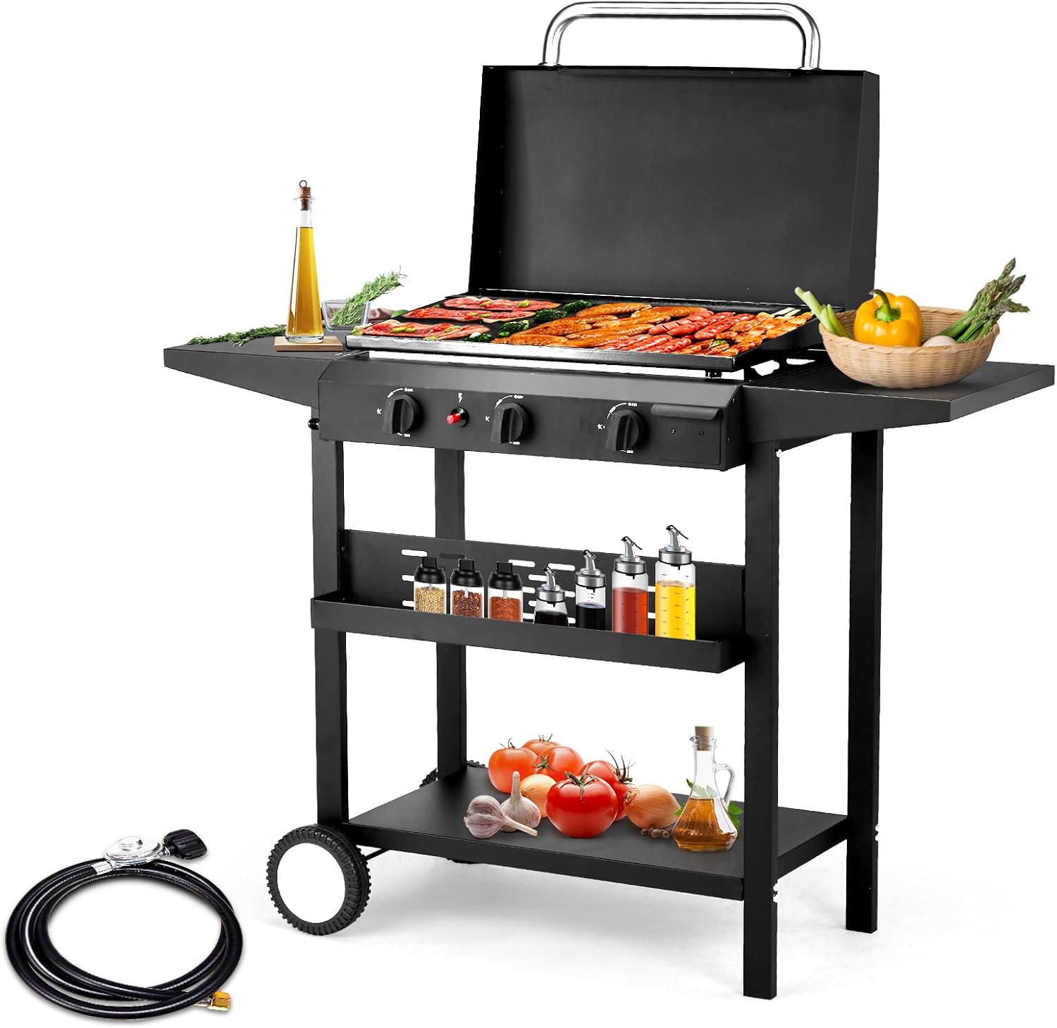 3 Burner Propane Gas Griddle, 30,000 BTU Foldable Flat Top Grill, Stainless Steel Portable Detachable Flat Top Barbecue Grill for Outdoor BBQ, Camping, Cookout