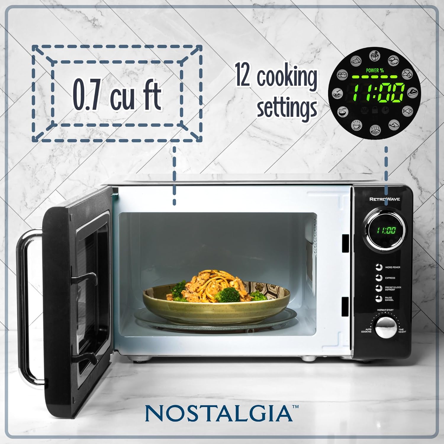 Nostalgia Retro Compact Countertop Microwave Oven - 0.7 Cu. Ft. - 700-Watts with LED Digital Display & Keurig® K-Supreme Single Serve K-Cup Pod Coffee Maker, MultiStream Technology, Black