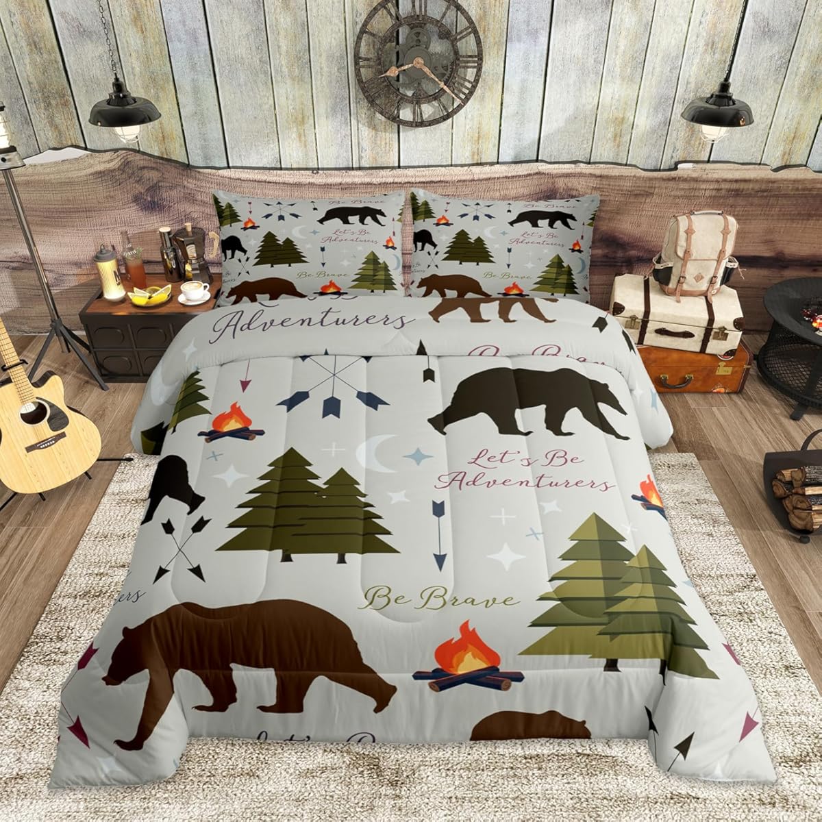 Happy Camping Comforter Set King Size Hunt Bear Pine Trees Bedding Set for Kids Boys Men Adults Cabin Room Decor Campfire Arrow Cartoon Quilt Set Wild Outdoor Adventure Duvet Insert 3pcs