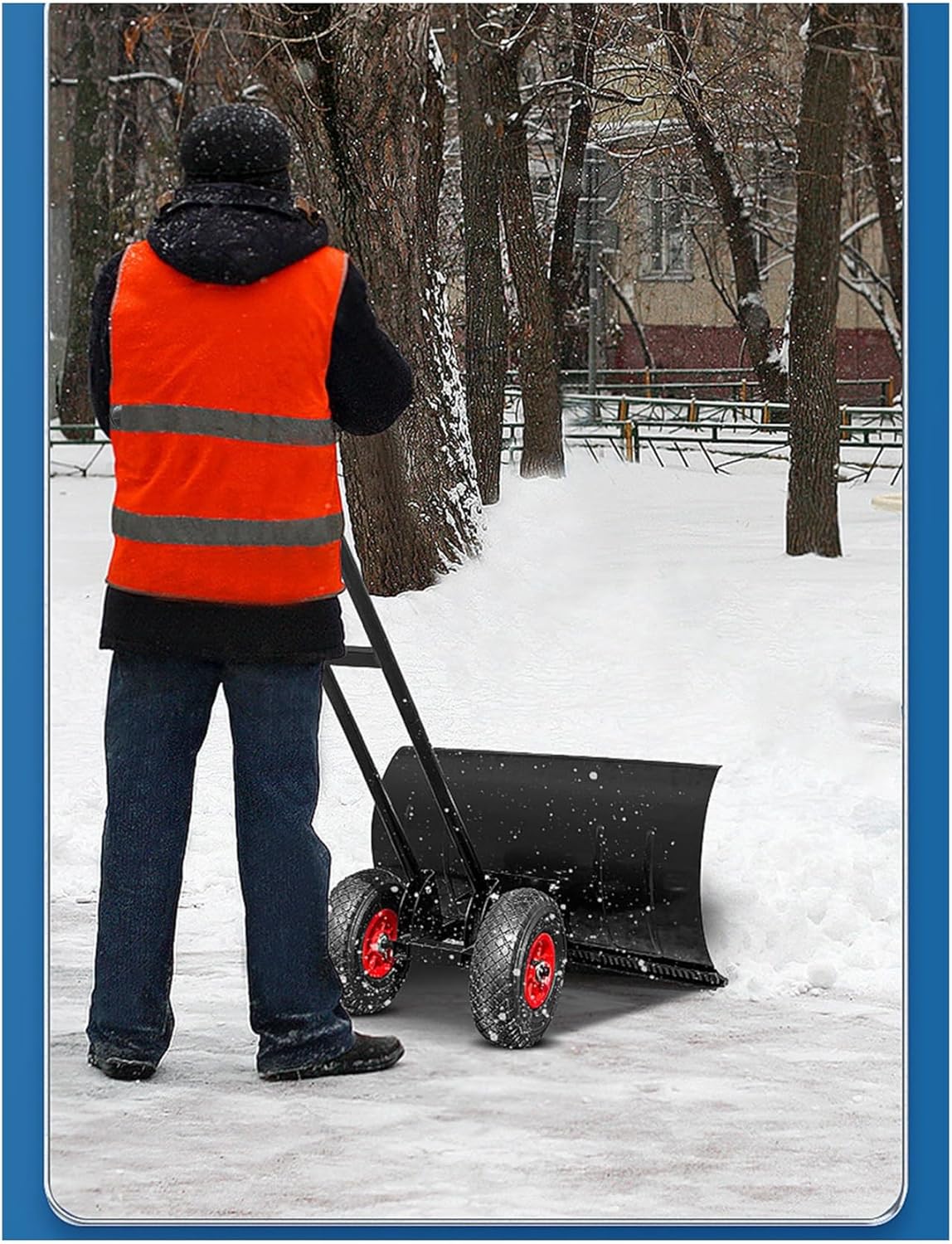 Heavy Duty Rolling Snow Shovel, Wide Push Plow with Adjustable Angle-Height Handle for No-Lift Snow Removal(39.4x17in)