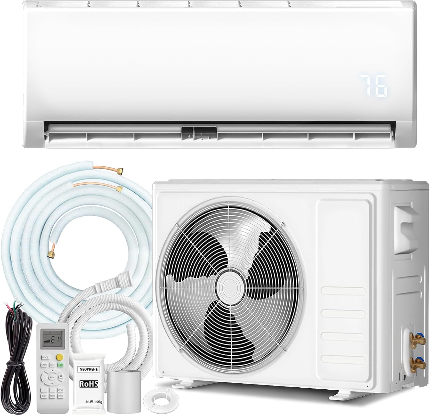 9000 BTU Mini Split AC/Heating System with Inverter, 19 SEER2 115V Energy Efficient Ductless Wall-Mounted Air Conditioner Unit Cools Rooms up to 450 Sq. Ft with Heat Pump & Installation Kits