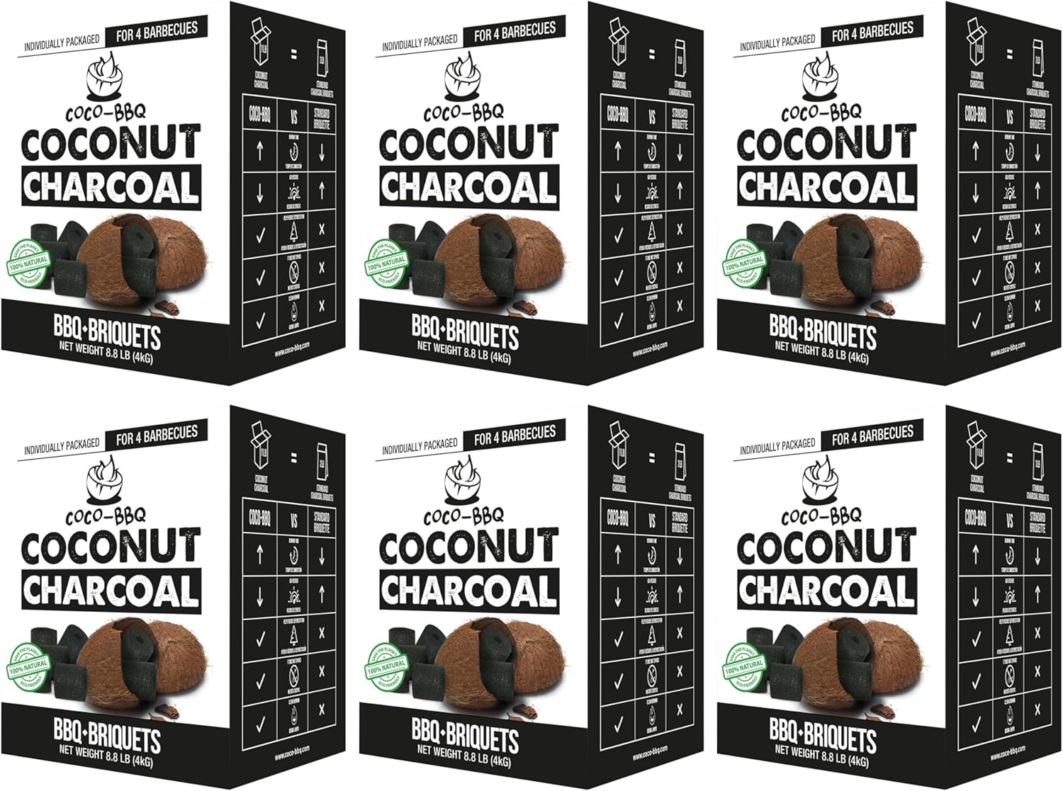 Coconut Charcoal BBQ Briquettes | Organic, Long-Burn, High Heat, Low Ash, No Sparks | Perfect for Christmas & Winter Grilling, Cookouts, Smokers & Roasting | Even Burn & Mild Flavor - 6PACK