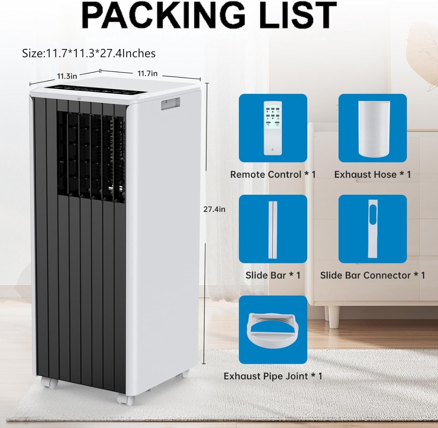 3-in-1 Air Conditioner 8000BTU Portable AC Unit Cool Up to 350 Sq.Ft, with Fan, Cool, Dehumidifier Modes, Remote and LED Control for Home, Bedroom, Office (Black)