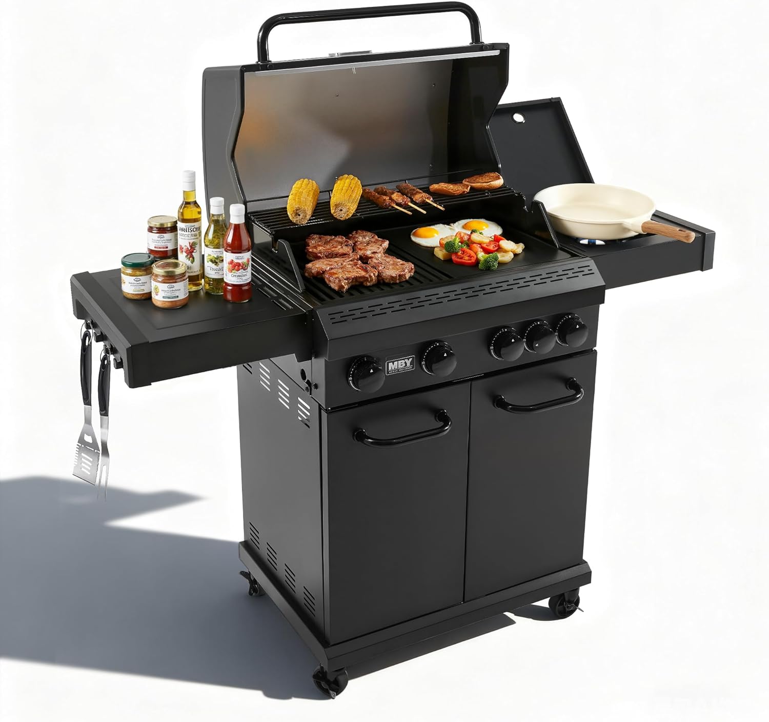 4+1 Burner Propane Gas Grill,47,000 BTU Outdoor BBQ with Enameled Cast Iron Grates and Side Tables, Portable for Backyard, Patio,Camping,3-in-1 BBQ Grill and Griddle Combo,555 Sq.in Cook Area