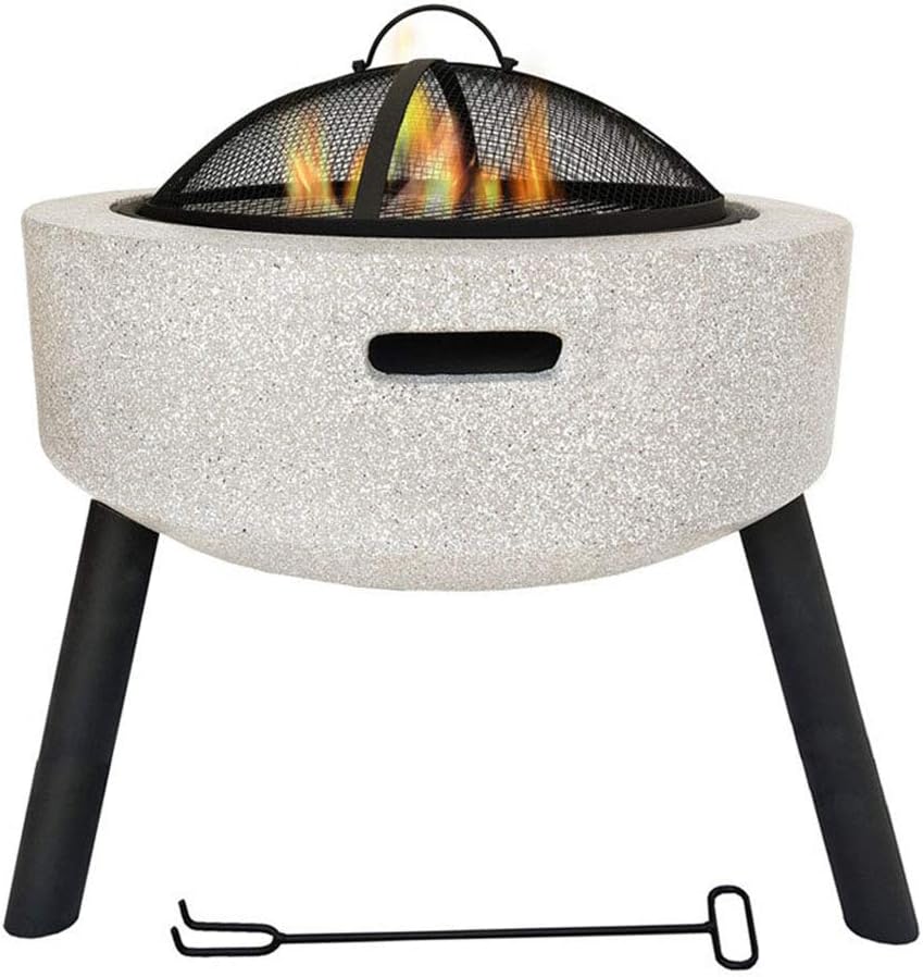 Geo Fire Pit Bowl, Fire Pit with BBQ Grill Shelf Triangle Bracket Magnesium Oxide Material Outdoor Garden Fire Pit with Mesh Cover,White