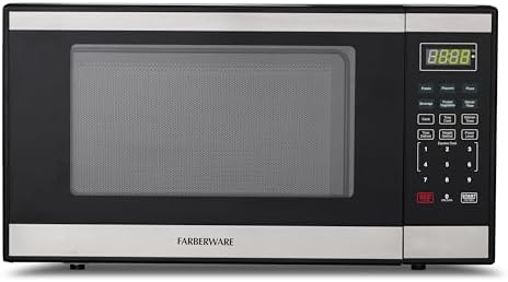Farberware 1.1 Cu. Ft. Countertop Microwave Oven – 1000 Watts Power, Auto Cook Settings, Defrost, Easy Clean and Child Safety Lock - Stainless and Black