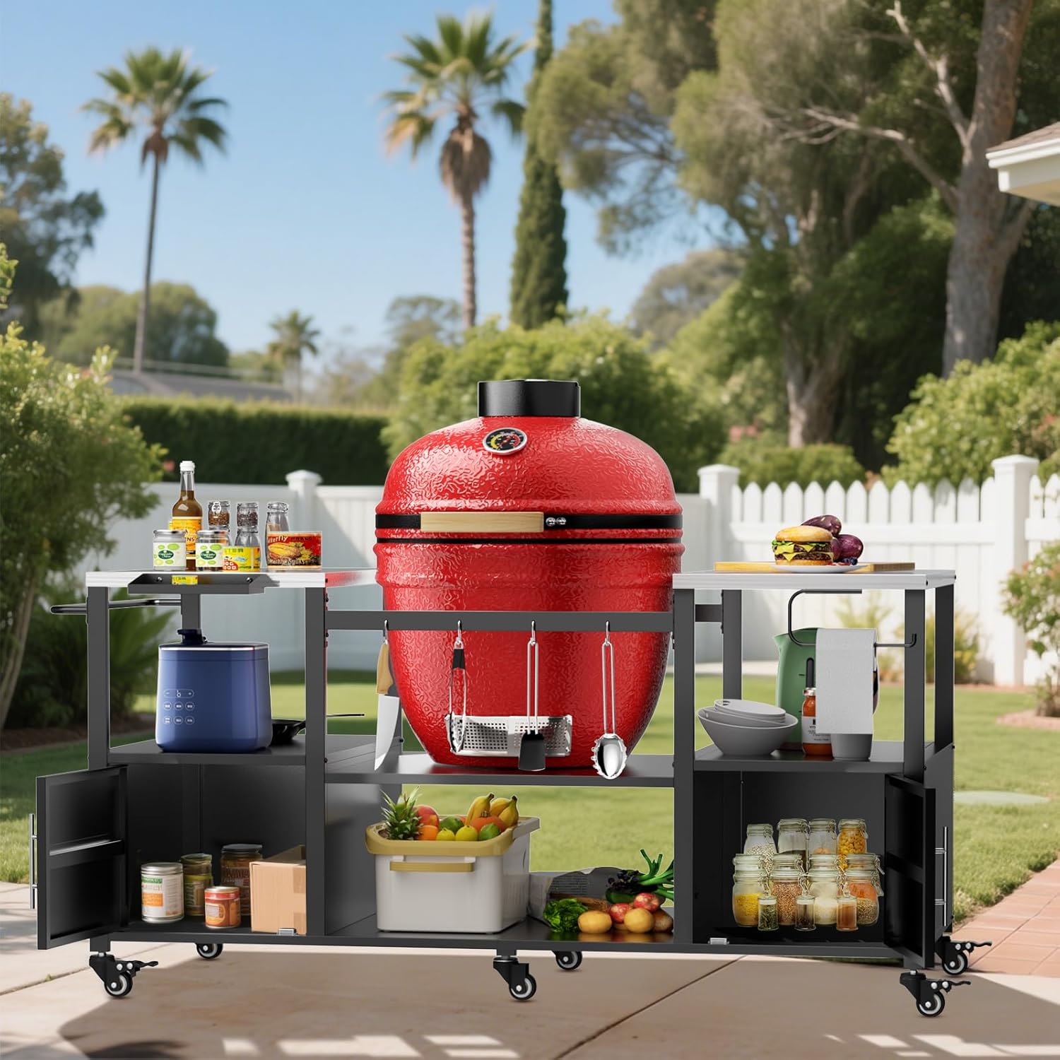 CHARMMA Outdoor Grill Table for Big Green Egg Style BBQ, Metal Grill Cart with Storage Box, Compatible with up to Large Green Egg, Kamado Joe Jr, Green, 67.00x27.80x31.00in