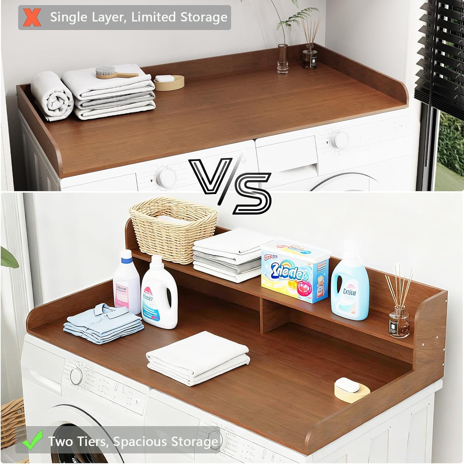 Fabuday 2-Tier Wood Washer Dryer Countertop with Shelf - Two Layers Laundry Topper for Storage & Organization, 54''x27.5''x11.9'' Counter Table with Edge Over Washing & Dryer, Satin Walnut Finish