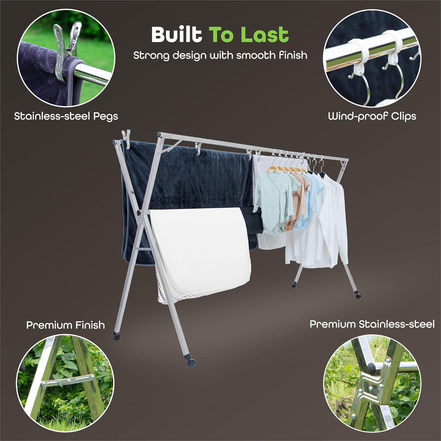 Clothes Drying Rack – 95-Inch Expandable Stainless Steel Laundry Hanger with Wheels Foldable & Heavy-Duty | Indoor Outdoor Use | Includes 20 Windproof Clips + 10 Large Pegs