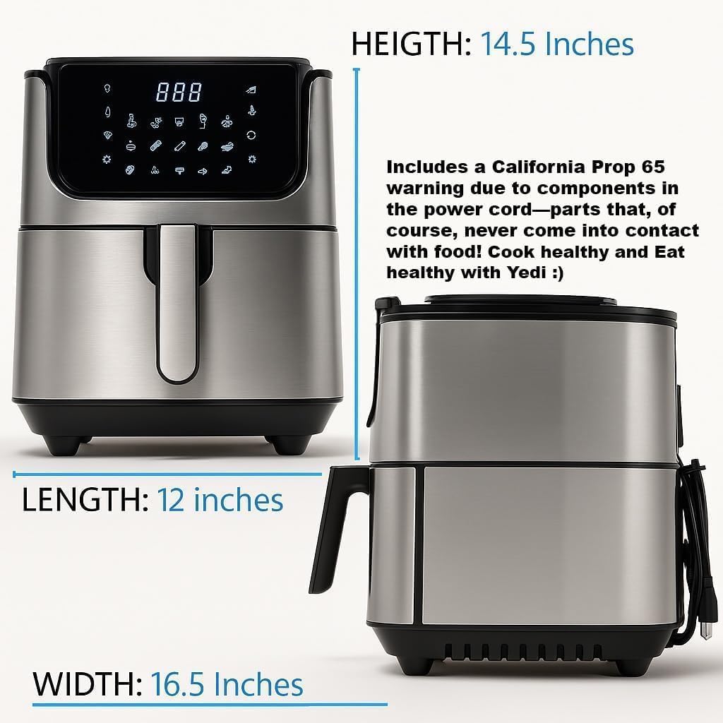 Yedi Evolution Air Fryer, 6.8 Quart, Stainless-Steel Finish, Ceramic Cooking Basket, with Deluxe Accessory Kit and Recipe Book