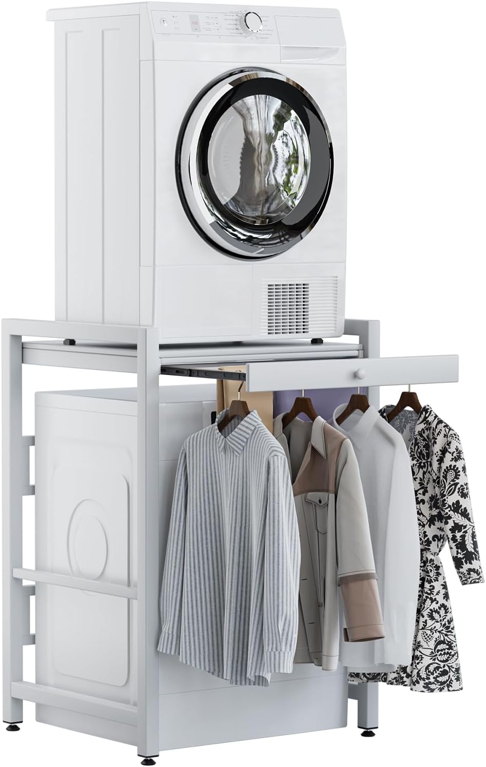 Washer and Dryer Stand, Dryer Stacker Rack with Pull Out Drying Rack, Stackable Shelf for Laundry Room, Bathroom, Heavy Duty, Height Adjustable, 660lbs Capacity White 1