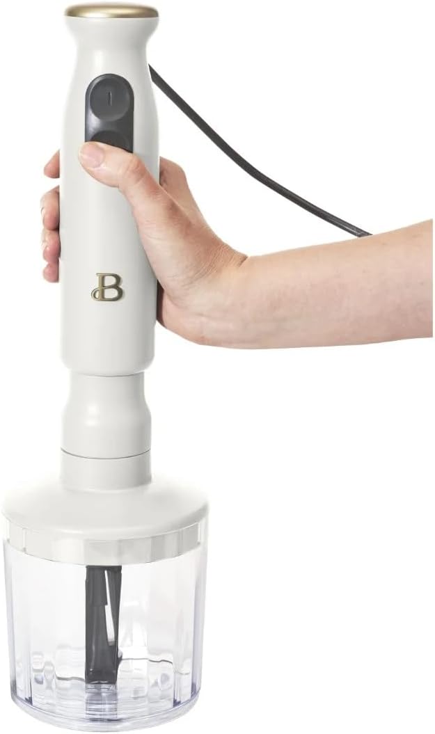 Beautiful 2‑Speed Immersion Blender with Chopper & Measuring Cup – White Icing by Drew Barrymore, 8″ Stainless Steel Shaft, Quiet 400W Motor, Includes Chopper, Whisk & 24oz Cup