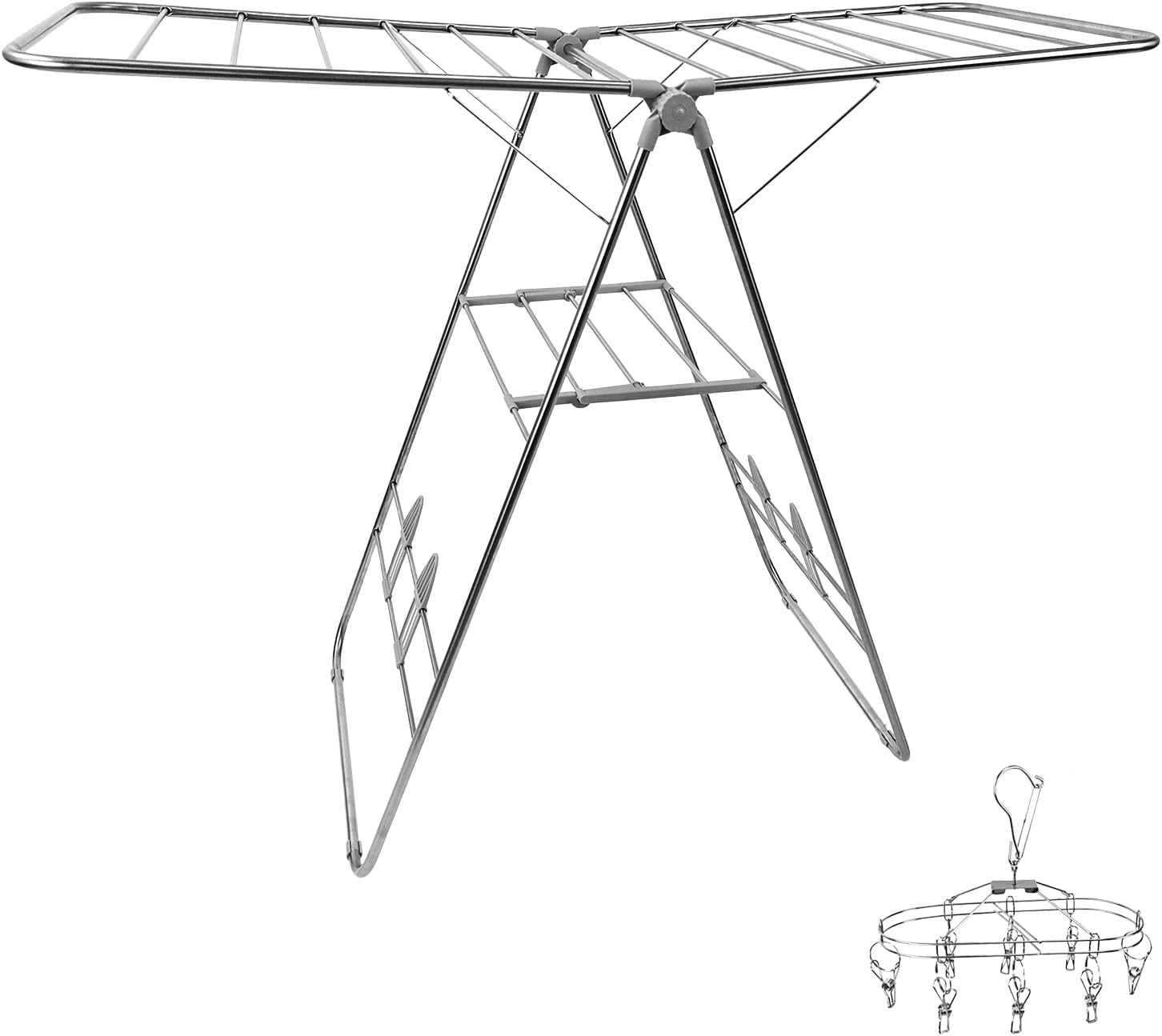 Clothes Drying Rack Foldable -Height Adjustable Laundry Drying Rack Large Space, Winged Laundry Rack with Sock Clips for Hanging Towels Clothes Dress Bedding Indoor Outdoor, Gray