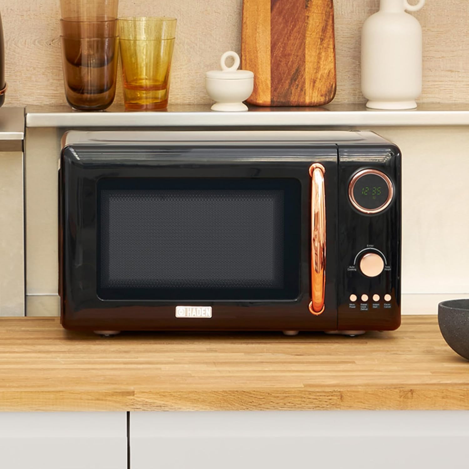 Haden 700 Watt 0.7 Cubic Foot Microwave Oven with Digital Controls, Defrost, and Instant Start Countertop Small Appliance, Black/Copper