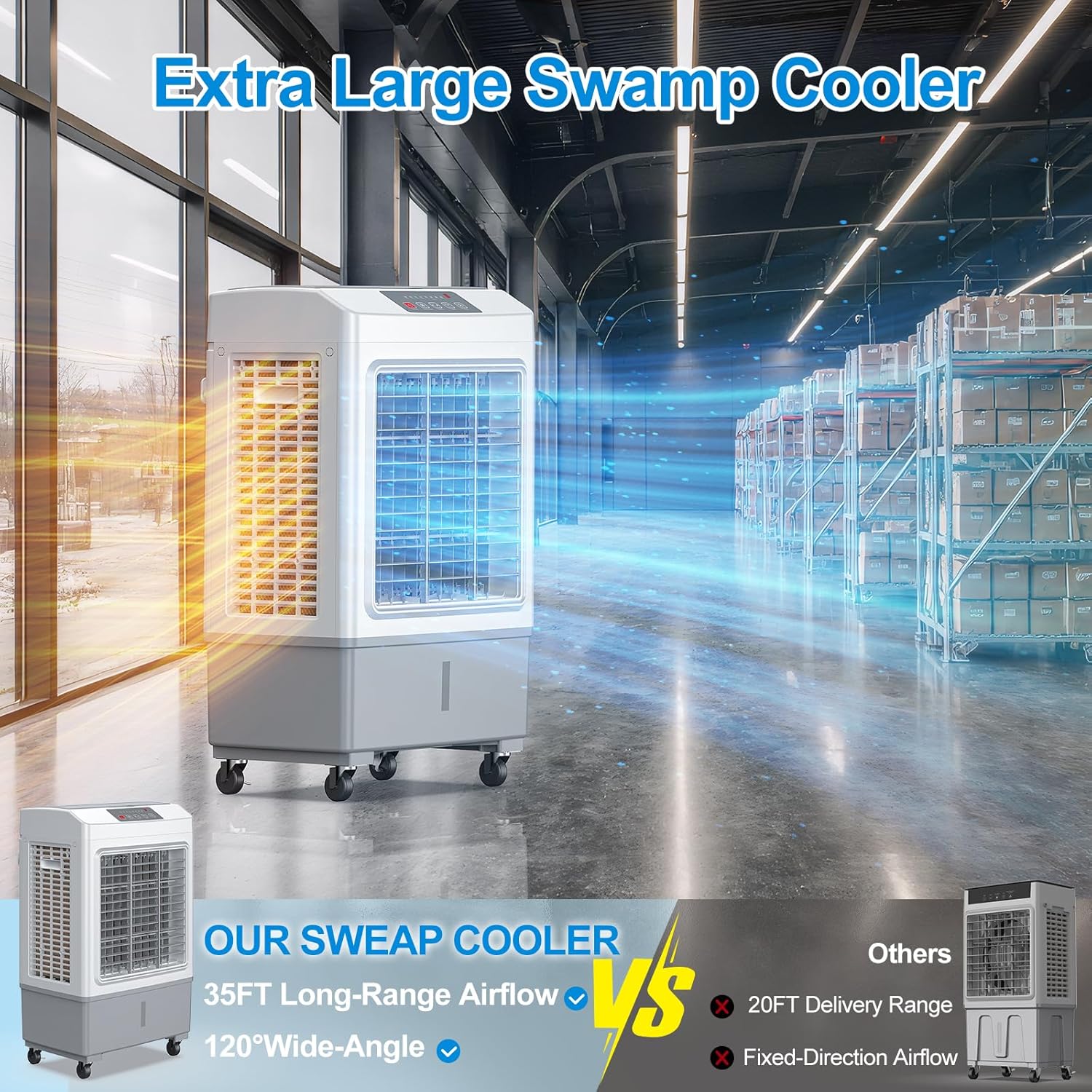Windowless Swamp Cooler, 3 in 1 Evaporative Portable Air Conditioner with Remote, Large Cooling Fan Ac Unit,3 Speed, 7H Timer, 8 Gal Water Tank, 4 Ice Box for Garage, Patio, Bedroom Home Outdoor