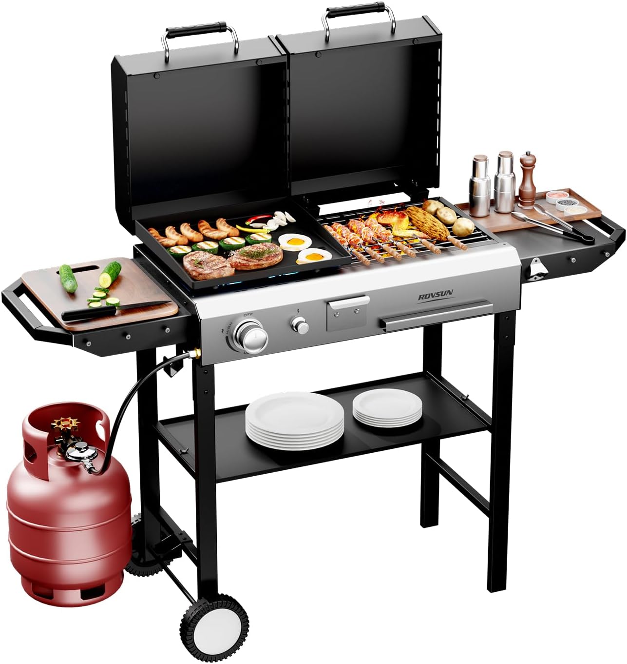ROVSUN 2-in-1 Propane Gas Grill and Charcoal Grill Combo with Lid, 12000BTU Flat Top Griddle & Charcoal BBQ Grill with Electronic Ignition, Enamel Griddle & Grate for Outdoor Backyard Cooking Barbecue