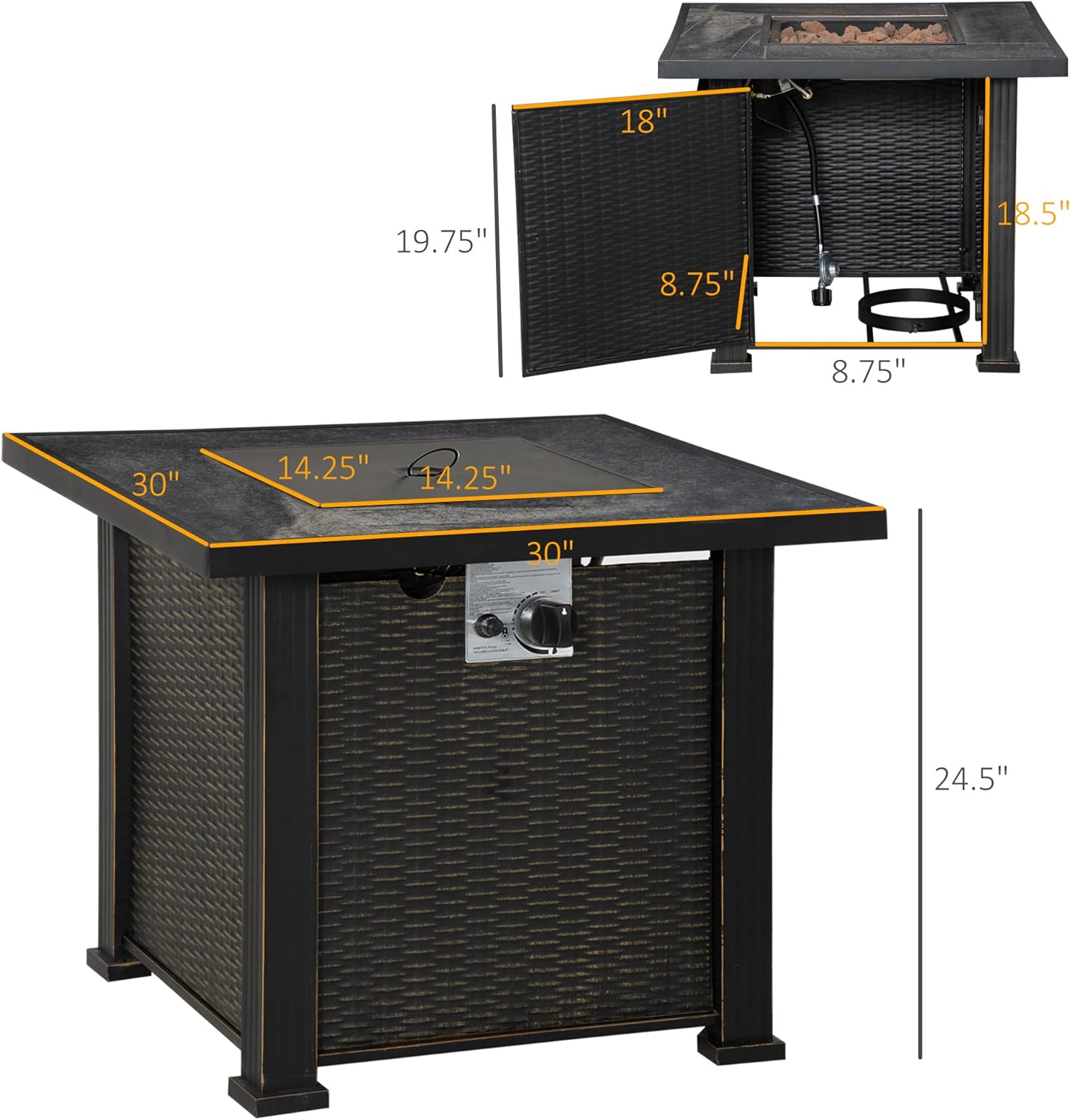 Outdoor Propane Gas Fire Pit Table, Auto-Ignition Square Wicker-Effect Gas Firepit with Ceramic Tabletop