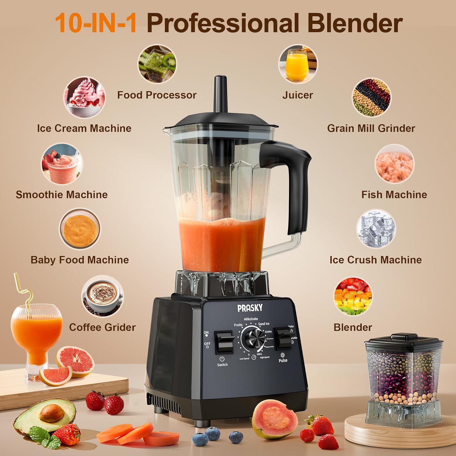 Professional Blender,Smoothies Blenders, PRASKY Max.2400Watts/1000Watts Blender and Grinder Combo 25000RPM Powerful Kitchen 68oz BPA Free 2 Containers Countertop Blenders Ice Crushing, Juice