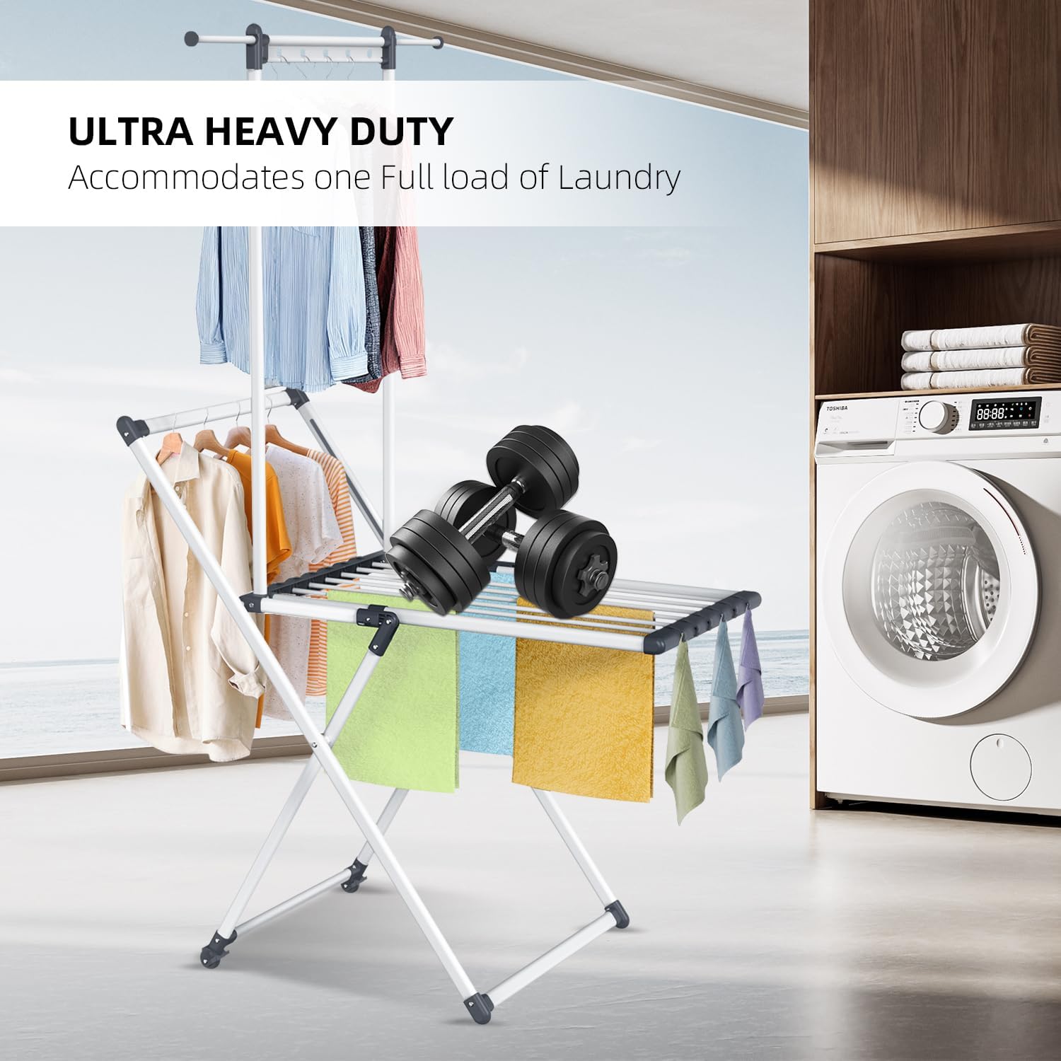 Clothes Drying Rack, Foldable Laundry Rack for Indoor Outdoor, 10pcs Sock Clips, Collapsible Space-Saving Drying Rack for Clothes Towels Dolls, White (Gray-Hanger)