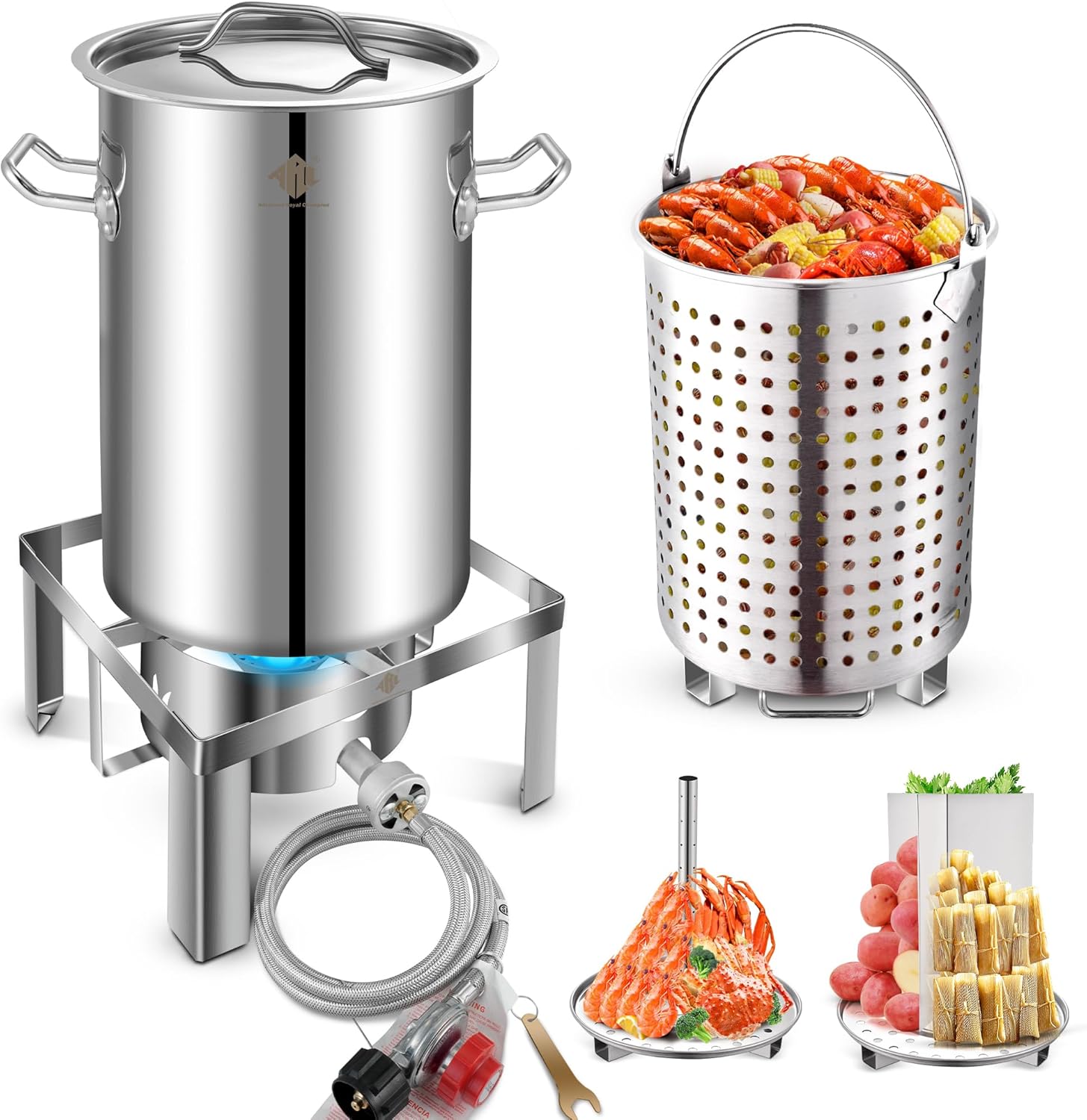 ARC Stainless Steel Stock pot with Propane Burner, Seafood Boil Pot with Basket and Steamer, Cookware for Crawfish Crab Shrimp Lobster Boiling Pot, Turkey Fryer Pot (Stainless Steel Pot with Burner)