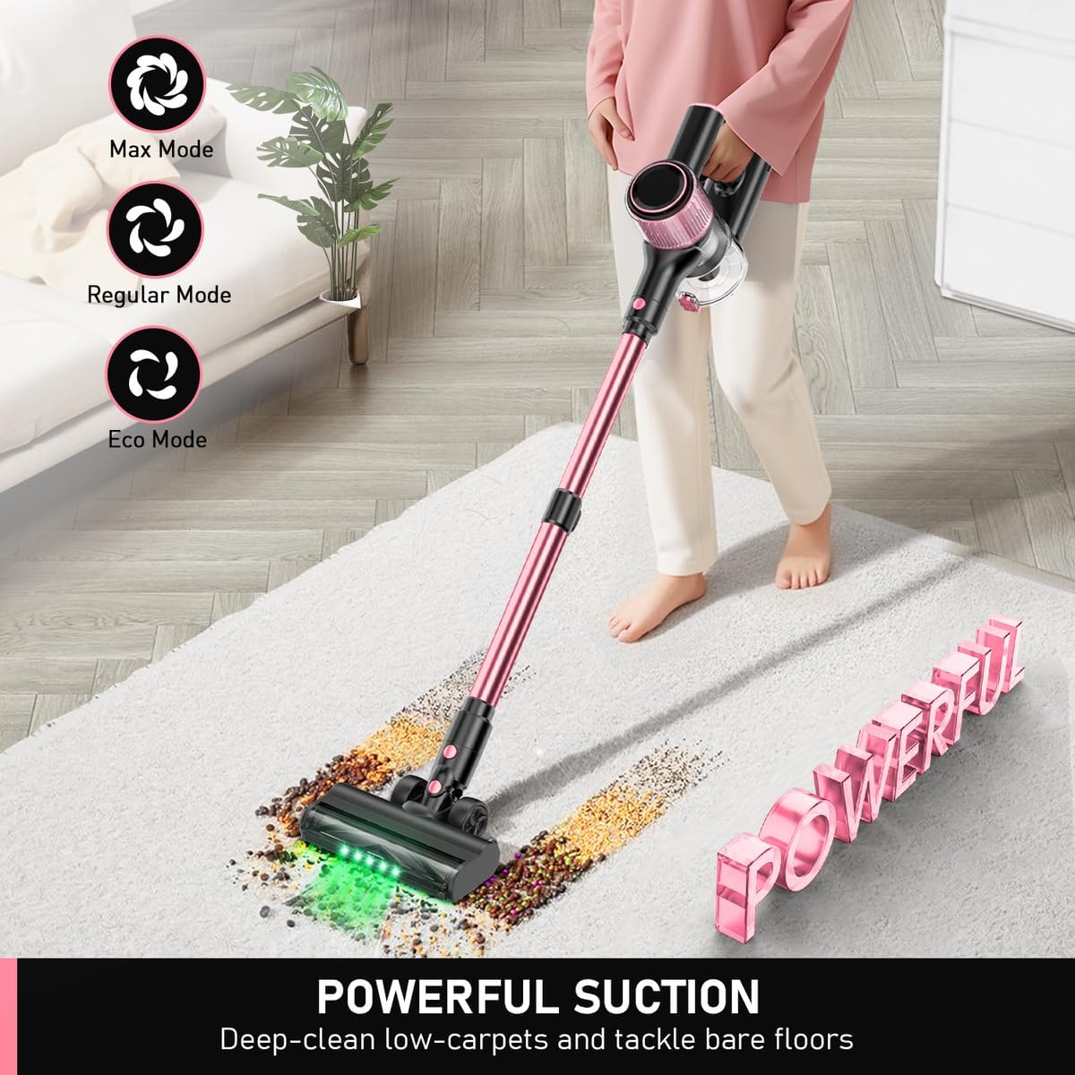 LED Cordless Stick Vacuum Cleaner for Apartments – Lightweight 4-in-1 Rechargeable Vacuum with LED Headlight, Quiet Strong Suction, Self-Standing & Easy Storage for Hardwood Floors & Carpets