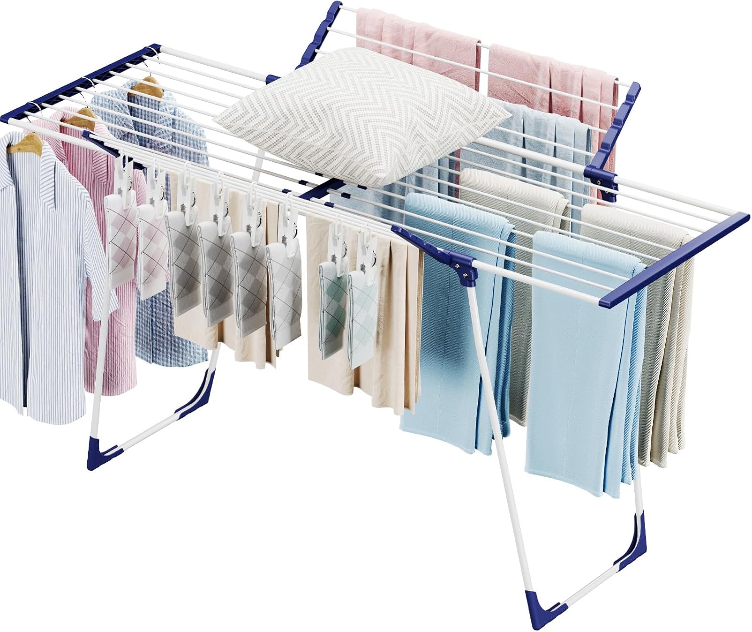 APEXCHASER Clothes Drying Rack - Foldable Laundry Rack Indoor Outdoor, Gullwing Drying Rack Clothing with 10pcs Clips + Bag, Collapsible Space-Saving Clothes Rack for Drying Towels Dolls, White