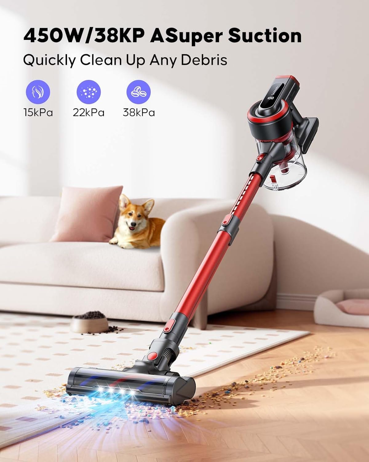 WLUPEL Cordless Vacuum Cleaner, 450W 38Kpa Powerful Stick Vacuum with 55min Detachable Battery, Vacuum Cleaners with Touch Display, Red, H8S Pro