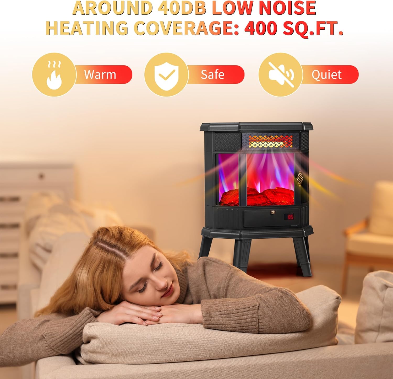 RealSmart Electric Fireplace Heater 22 in Freestanding Fireplace Stove Infrared Quartz Fireplace for Idoor Use with 3D Flame Effect Remoted Control, Timer, Overheating Protection Black