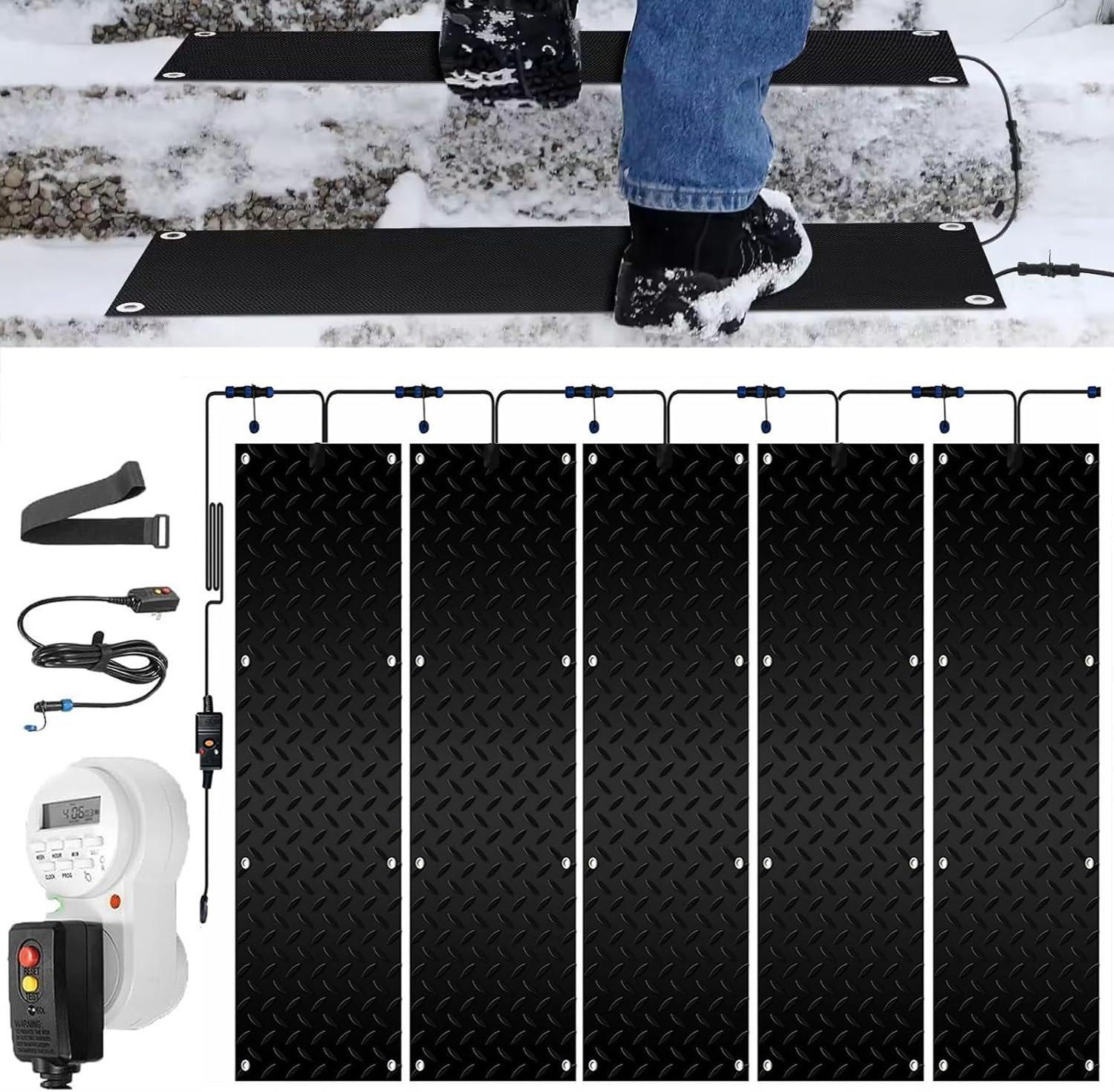 Heated Snow Melting Mats with Timer for Entrances 1/2/3/4/5 Pcs Outdoor Stairs- Non-Slip Winter Removal and Ice Melt Products -Heating Entrance(5 Pcs,10x48in/(25.4x120cm))