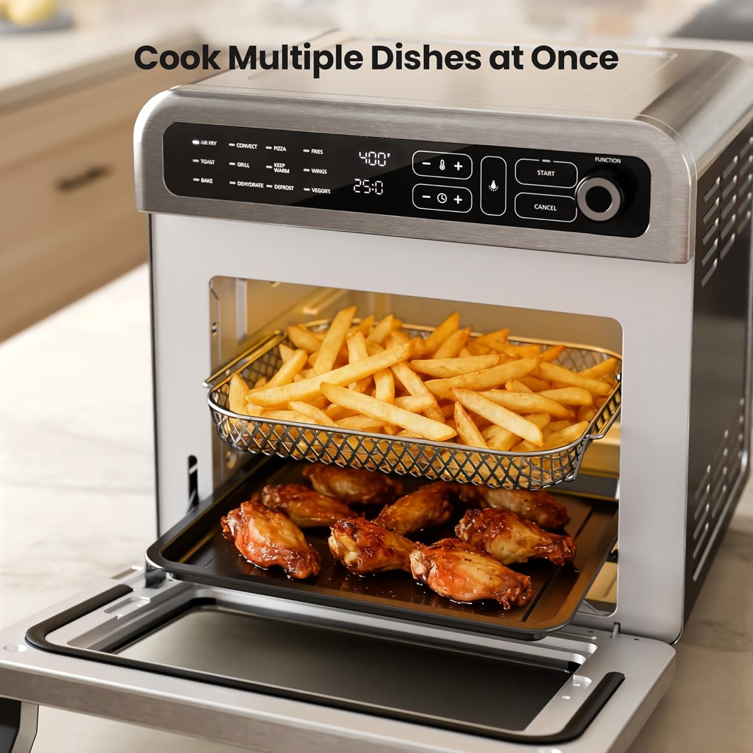 Kismile 18QT Air Fryer Toaster Oven Combo, 12-in-1 Countertop Convection Airfryer Oven, 70–450℉, Bake, Roast, Reheat & Broil, Fits 8-10″ Pizza, Includes Full Accessories, Stainless Steel (Silver)