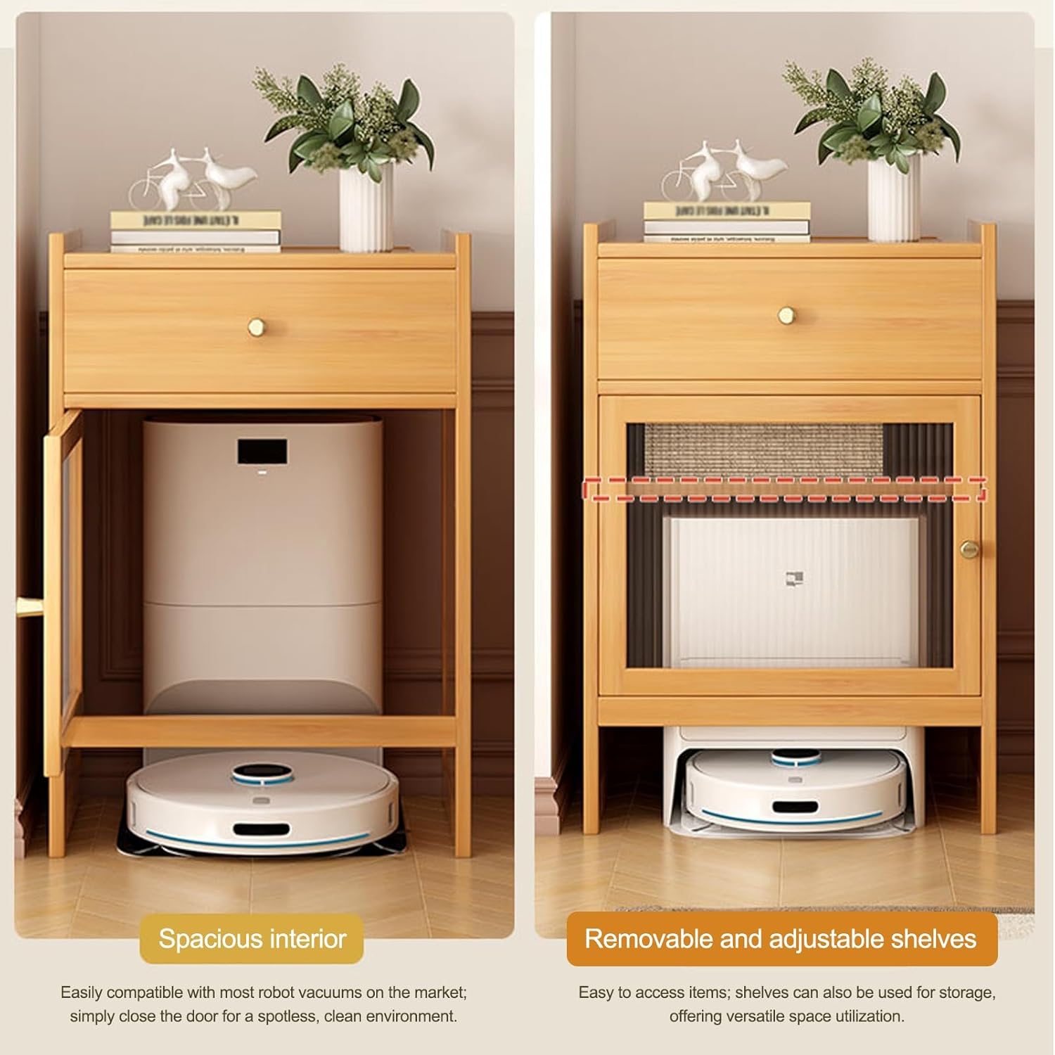 HARELA Bamboo Robot Vacuum Stand Cabinet, Storage Cabinet with Doors and Drawers for Robot Vacuum Cleaner, Hidden End Side Table for Living Room, Home Office(Yellow)