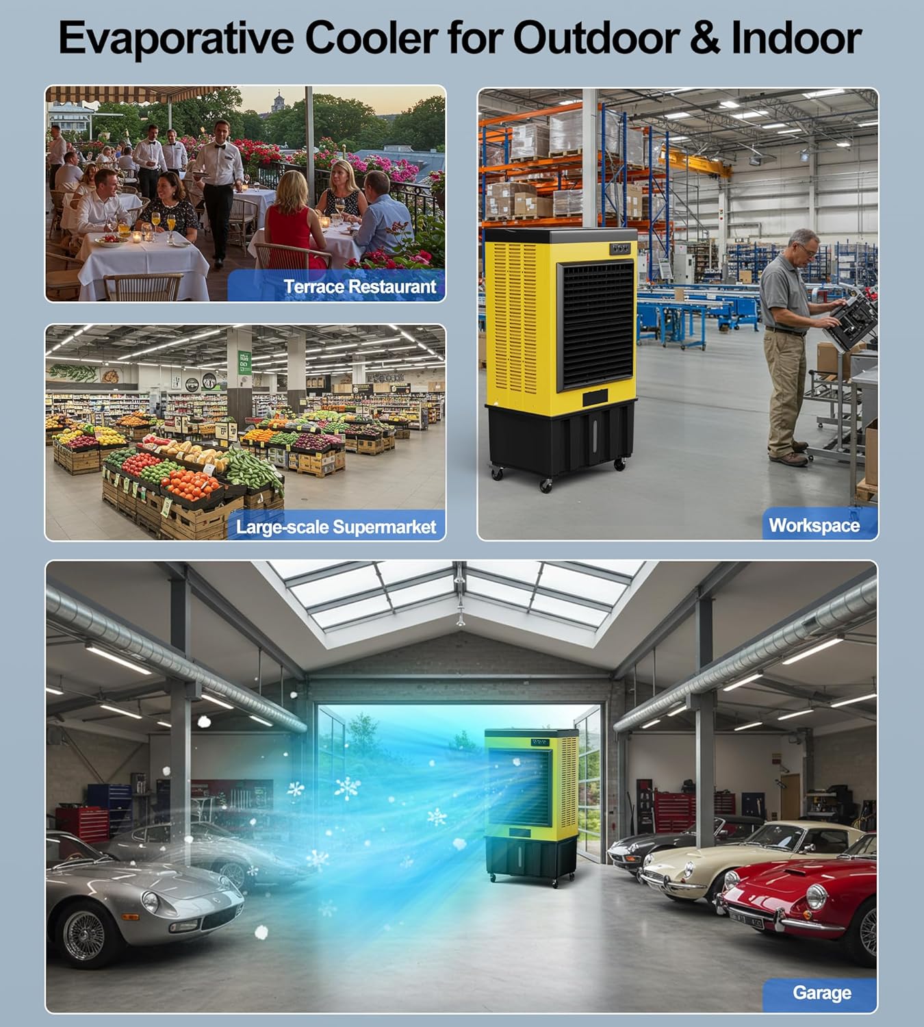 14715CFM Swamp Cooler, Evaporative Air Cooler with Continuous Auto Fill,53-Gal Water Tank,5 Ice Packs,Portable Evaporative Cooler for Outdoor Patio Garage Commercial Industrial Use, 70IN