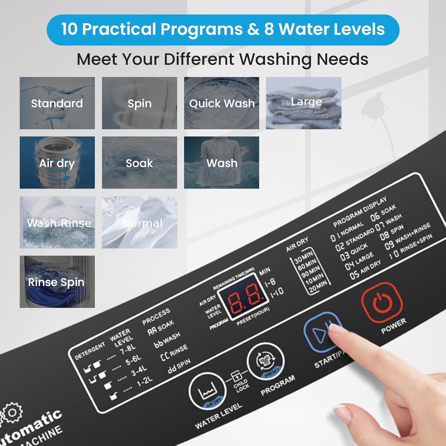 Nictemaw Portable Washing Machine 17.8Lbs Portable Washer with Drain Pump, 2.4 Cu.ft Full Automatic Washer and Dryer Combo, 10 Programs 8 Water Levels, Compact Washer for Apartment, Home, RV