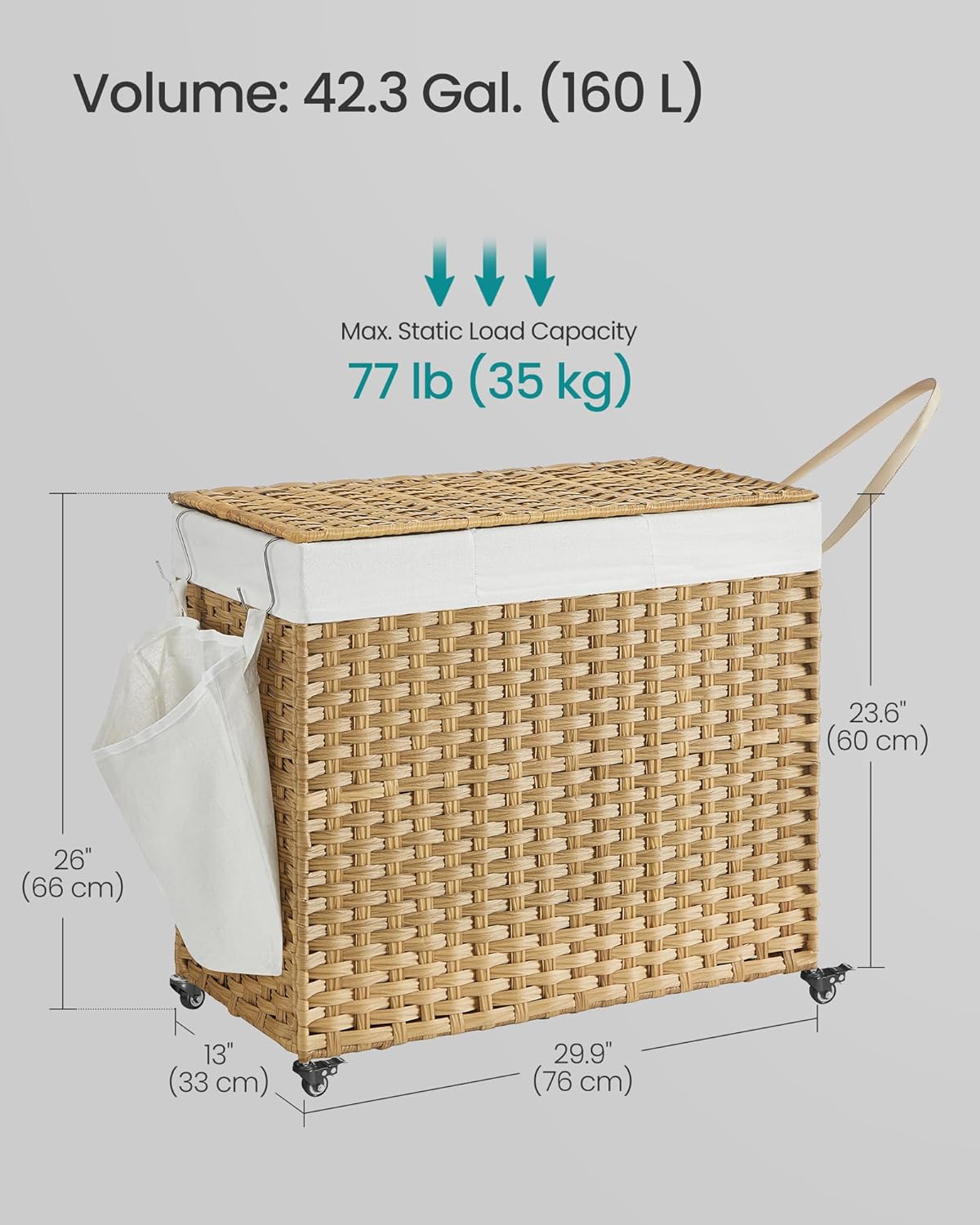 SONGMICS Laundry Hamper with Lid, 42.3 Gallons (160 L), Rolling Laundry Basket with Wheels, 3-Section Synthetic Rattan, Removable Liner, Bedroom, 29.9 x 13 x 26 Inches, Natural ULCB365N01