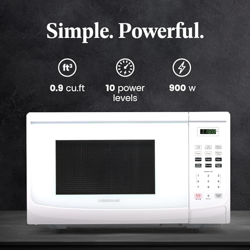 Farberware 0.9 Cu. Ft. Countertop Microwave Oven – 900 Watts Power, Auto Cook Settings, Defrost, Easy Clean and Child Safety Lock - White