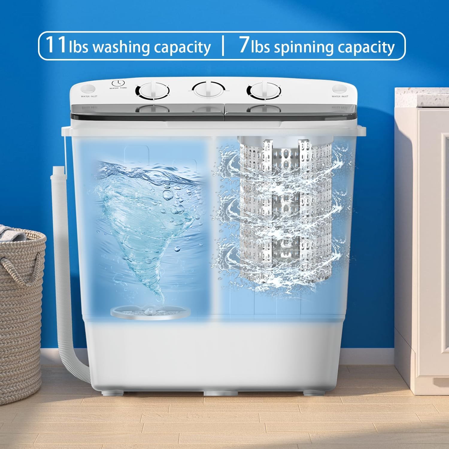Compact Portable Mini Twin Tub 18lbs Washing Machine, Get Dry Rack and 10 hangers for free! Washer and Spin Cycle Combo, for Camping, Apartments, Dorms, RVs(Black)