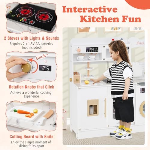 Costzon Kids Kitchen Playset, Toddler Wooden Pretend Playset w/Real Lights & Sounds, Faucet, Microwave Oven, Coffee Machine, Toaster & Ice Dispenser, Little Chef Play Kitchen for Kids Aged 3+ (White)