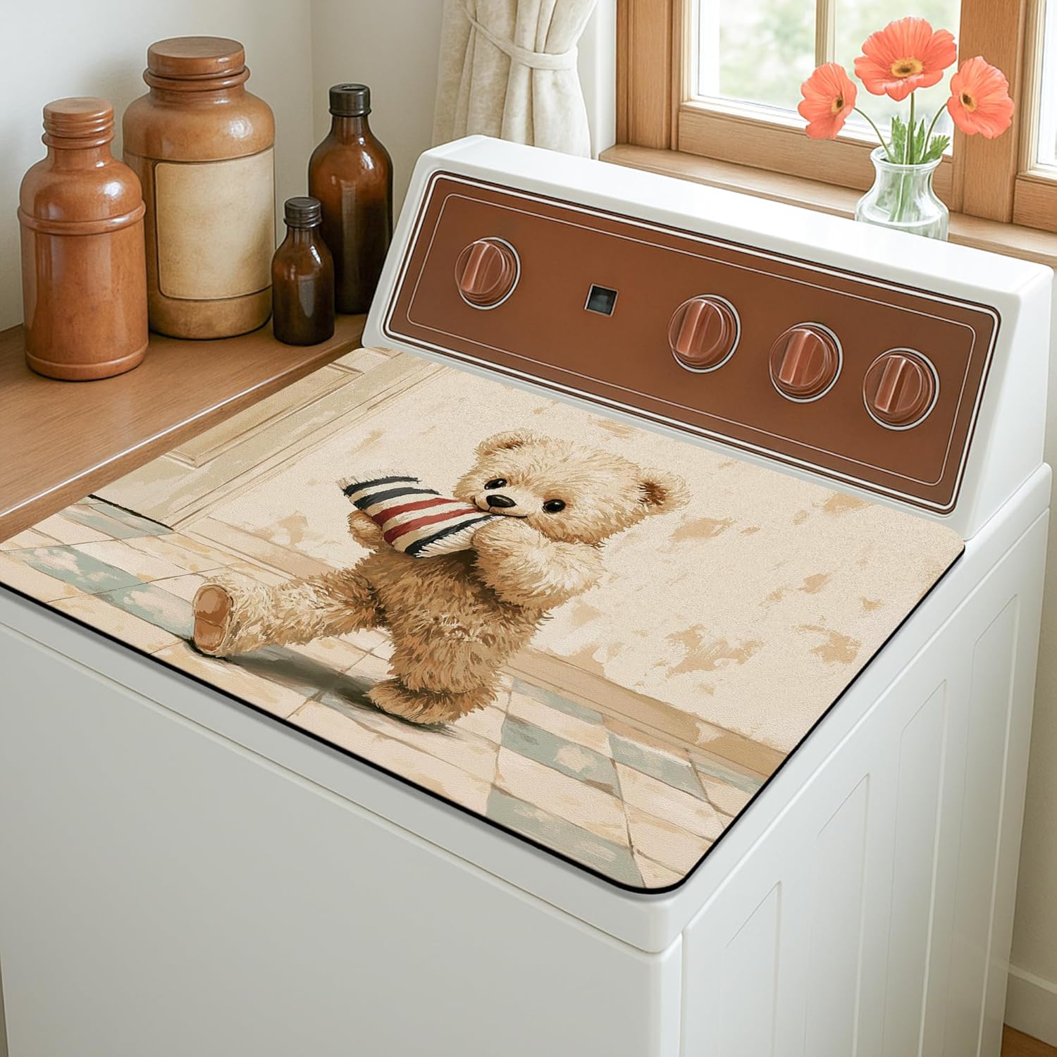 Cute Bear Washer Dryer Top Protector Mat, Vintage Plush Toy Laundry Machine Dust Covers, Winter Holiday Rubber Anti-slip Waterproof Washer And Dryer Mats for Laundry Room 20x24 Inch