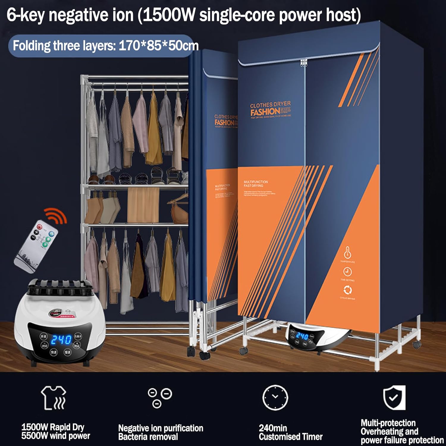 Portable Electric Heated Clothes Airer Dryer Rack, 3-Tier Electric Clothes Drying Rack, Warm Air Drying Wardrobe Automatic Time for Home & Dorms