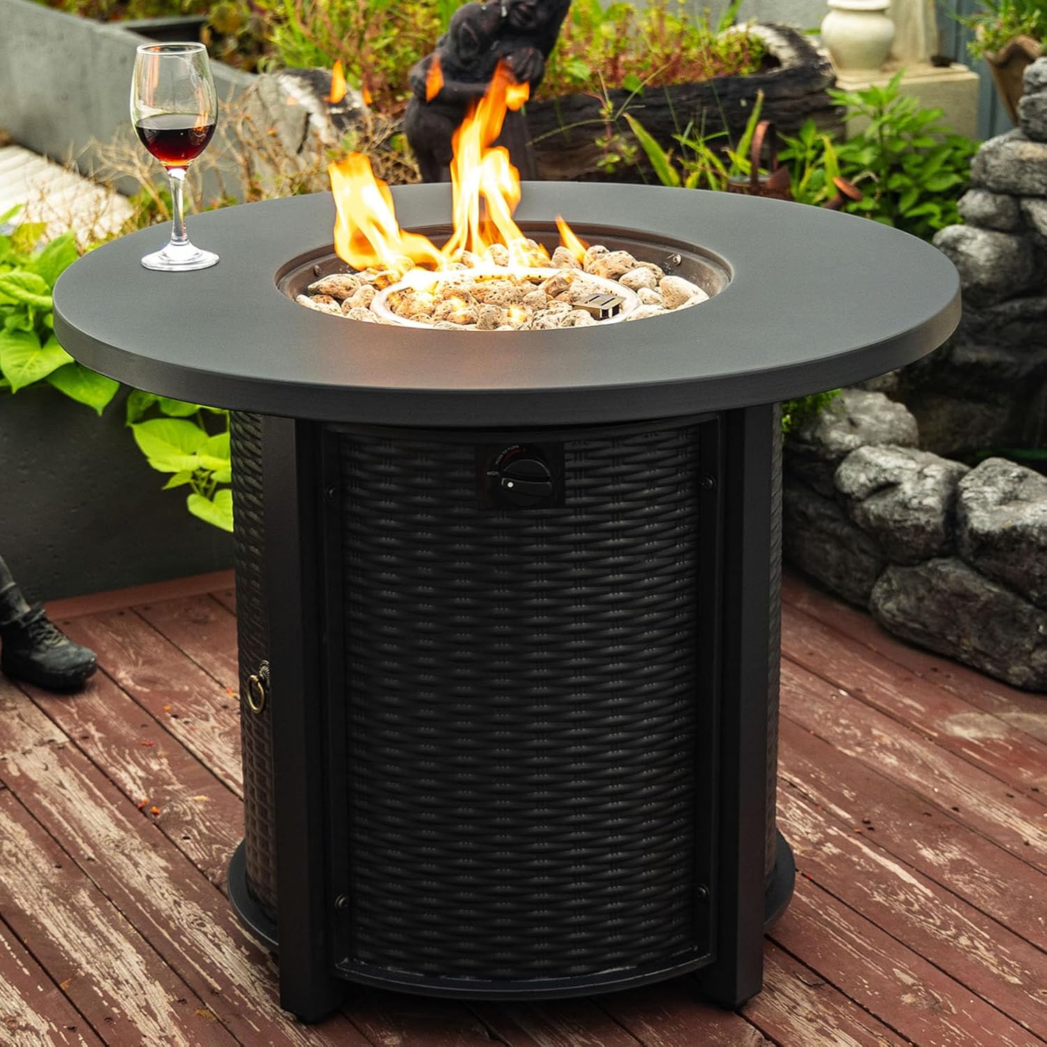 32'' Round Propane Fire Pit Table, 40,000 BTU Steel Gas FirePit for Outdoor, Fire Table with Lid, Add Warmth & Ambience to Gatherings and Parties On Patio Deck Garden Backyard, Black (Black, 32”)