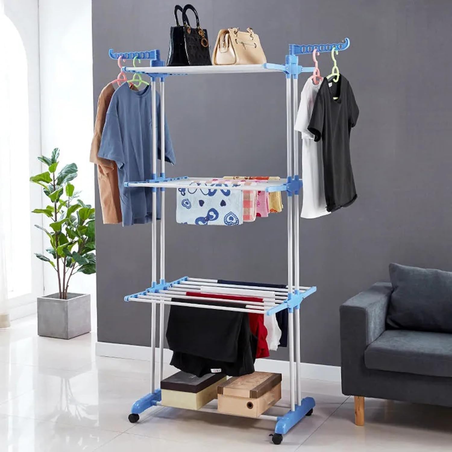 Clothes Drying Rack,4-Tier Collapsible Laundry Rack,Stand Garment Drying Station with Wheels,Stainless Steel Laundry Garment Dryer Stand with Two Side Wings,Blue