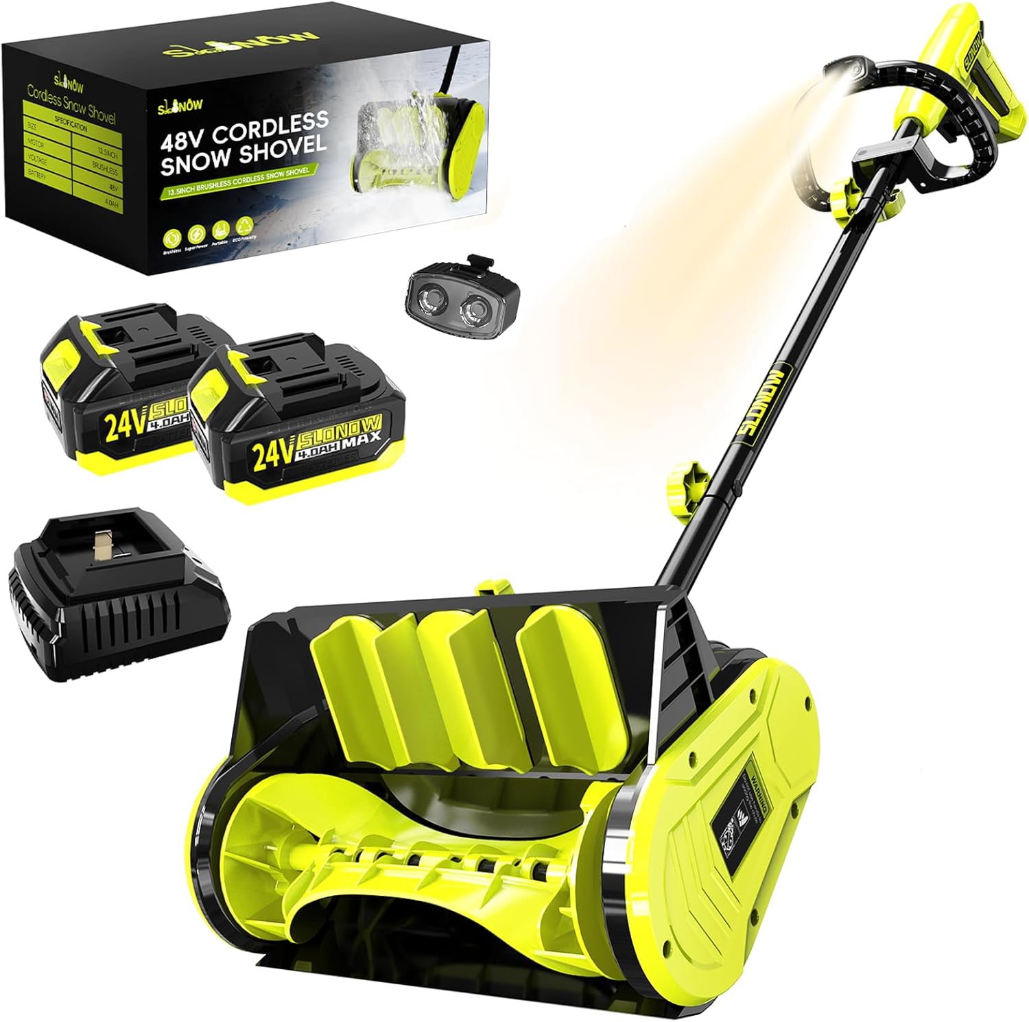 Cordless Snow Shovel, 48V Electric Snow Blower, 13.5 Inch Cordless Snow Removal Shovel with Adjustable Light, 4.0AH Battery, Quick Charger, Directional Plate - Green